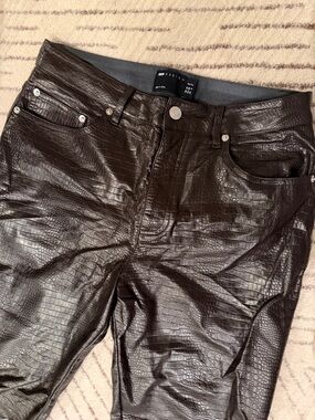 Faux Croc Texture Slim Straight Pants - Dark Brown